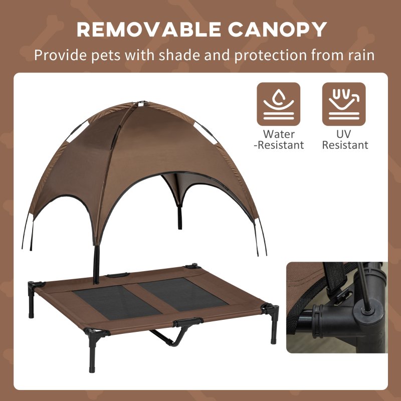 PawHut Raised Dog Bed Waterproof Elevated Pet Cot with Breathable Mesh UV Protection Canopy Brown, for Large Dogs, 92 x 76 x 90cm