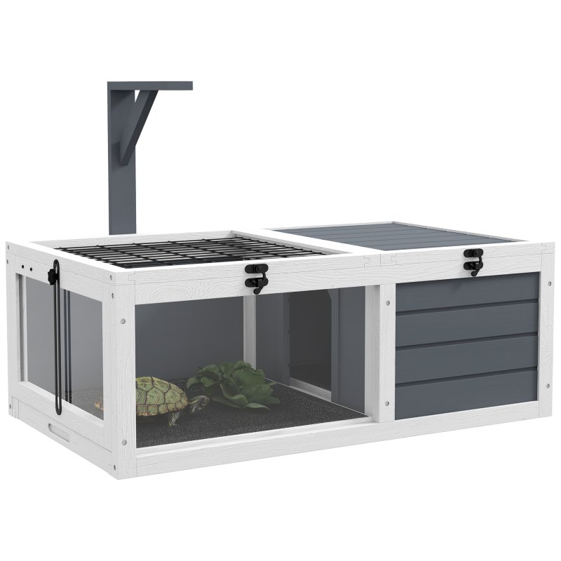 PawHut Tortoise House, Wooden Tortoise Table, Tortoise Enclosure with Wooden Lamp Holder, Openable Lids, Pull-Out Trays - Grey