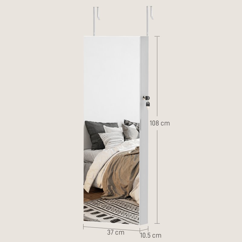HOMCOM Jewellery Cabinet with LED Lights, Door Hanging or Wall Mounted Full Length Mirror with Storage, Lockable Jewellery Organiser, White Surface and Black Lining