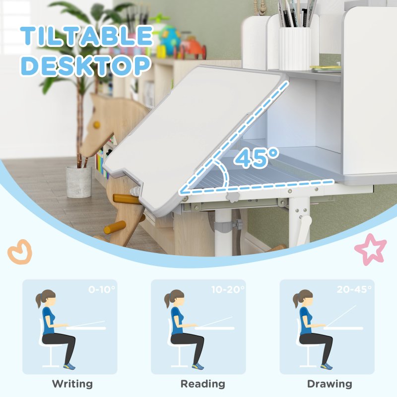 AIYAPLAY Kids Desk and Chair Set, Height Adjustable Children School Study Desk, Student Writing Desk with Tiltable Desktop Drawer, Pen Slot, Reading Rack for Ages 3-13 Years, Grey