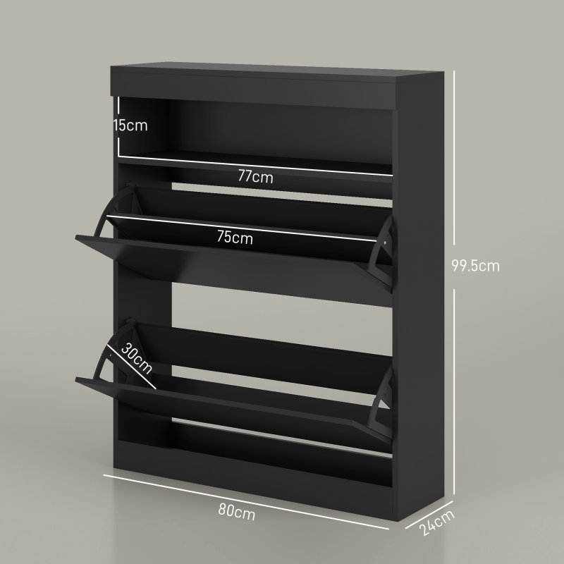HOMCOM Narrow Shoe Cabinet, Wall Mounted or Freestanding Shoe Storage Cabinet with 2 Flip Drawers and Open Shelf for 12-16 Pairs of Shoes for Entryway, High Gloss