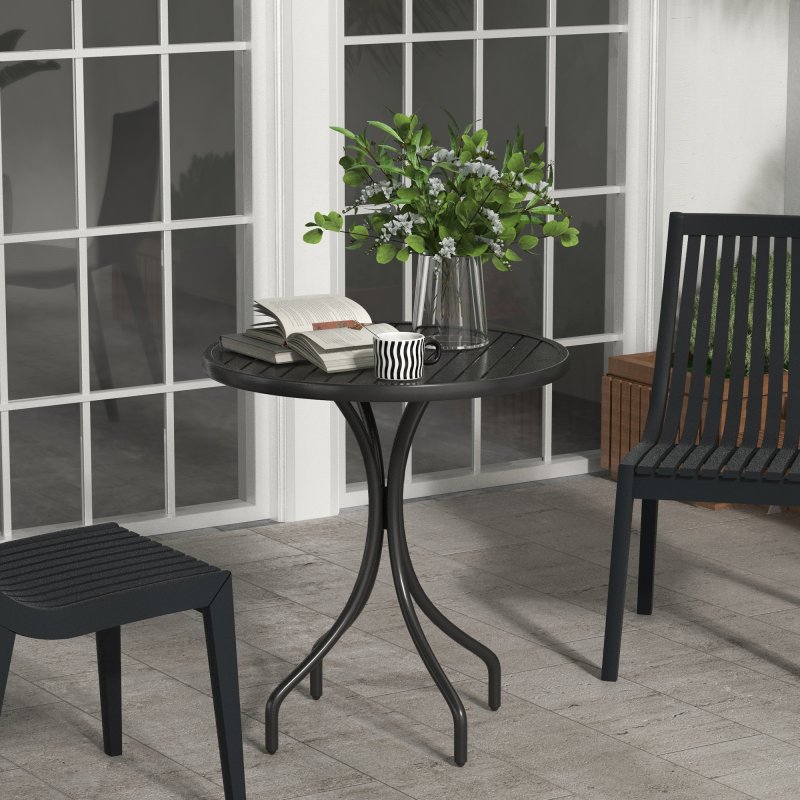Outsunny 66cm Garden Side Table, Round Bistro Coffee Table, Outdoor Patio Table with Steel Frame and Slat Tabletop for Balcony and Porch, Black