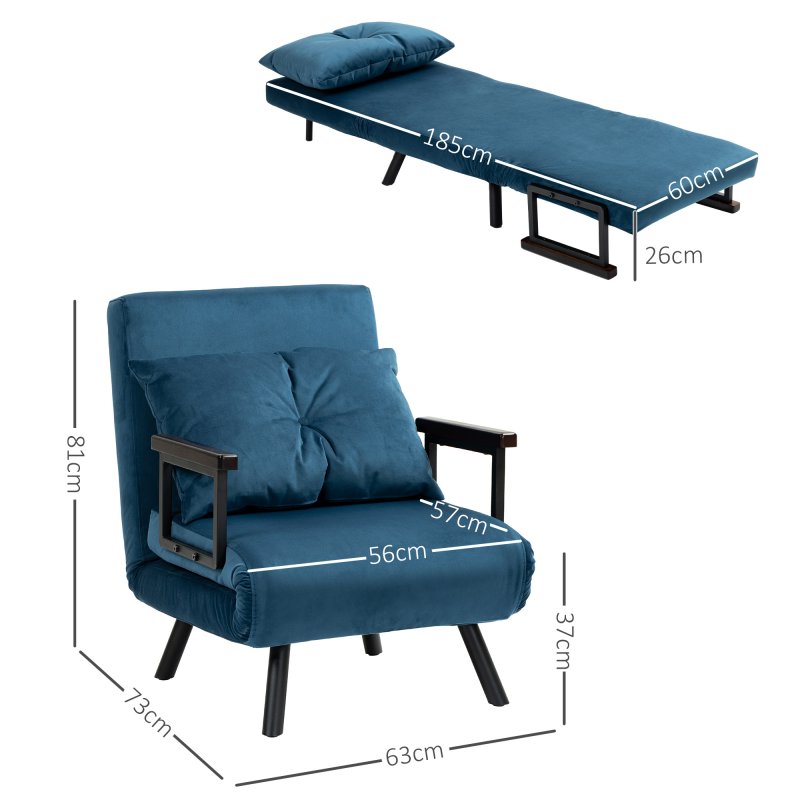 HOMCOM Single Chair Bed, Click Clack Convertible Bed Settee, Modern Velvet Feel Fabric Chair Couch with 1 Tufted Cushion, Wood Armrests, for Living Room, Bedroom, Guest Room