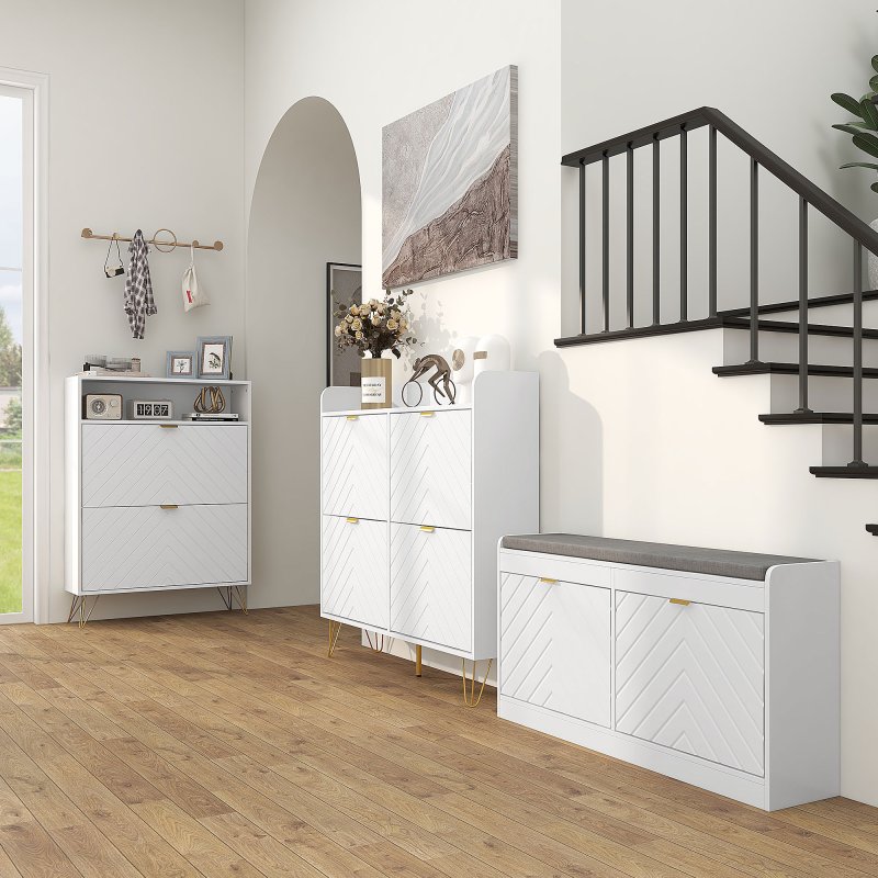 HOMCOM Narrow Shoe Cabinet with 2 Flip Drawers, Slim Shoe Storage Cabinet with Adjustable Shelves, Open Shelf, Hairpin Legs and 2 Vents for 12 Pairs of Shoes for Entryway, White