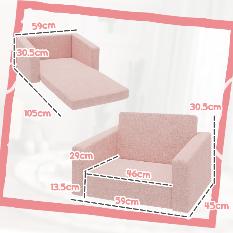 AIYAPLAY Toddler Sofa, Kids Sofa Bed, 2 in 1 Recliner Foldable Kids Armchair with Washable Cushion, Cover, for 1.5-3 Years Old, One Seater, Pink