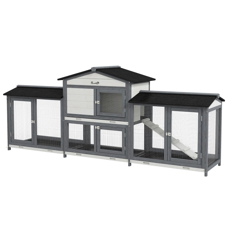 PawHut Large Rabbit Hutch Outdoor, 2-Tier Guinea Pig Hutch, Wooden Bunny Run, Small Animal House with Double Side Run Boxes, No-leak Plastic Tray, Ramp, 230 x 53 x 93.5cm, Light Grey