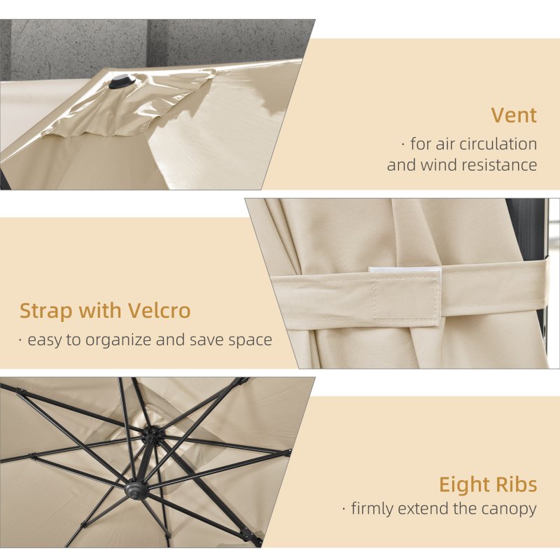 Outsunny 2.7 x 2.7 m Cantilever Parasol, Square Overhanging Umbrella with Cross Base, Crank Handle, Tilt, 360 Rotation and Aluminium Frame, Cream White