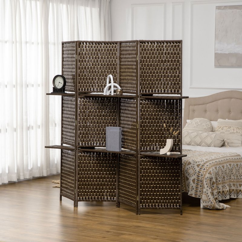 HOMCOM 4-Panel Room Dividers with Shelves, Wave Fibre Freestanding Folding Privacy Screen Panels, Partition Wall Divider for Indoor Bedroom Office, 180?cm, Brown