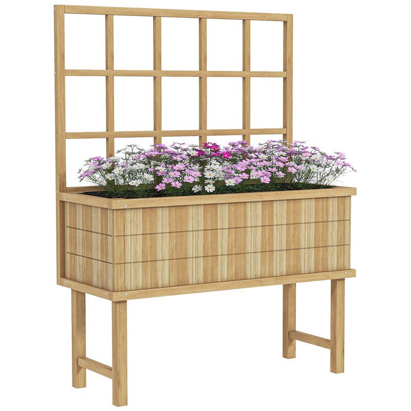 Outsunny Wooden Raised Planter with Trellis for Vine Climbing Plants, Elevated Garden Bed with Drainage Holes and Bed Liner for Vegetables, Flowers, Herbs, 105 x 45 x 140cm, Natural