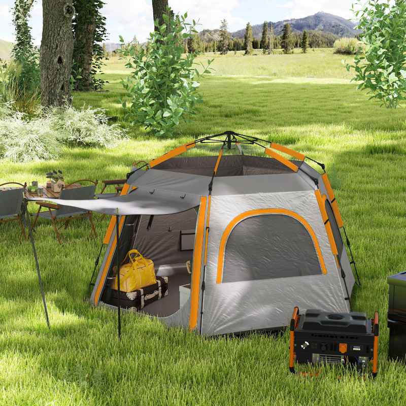 Outsunny Instant Pop Up Camping Tent, 2/3/4 Person Easy Setup Dome Family Tent with Vestibule, Rainfly, 4 Mesh Windows & 2 Doors, Hexagonal Design, Waterproof & UV Protected, Light Grey