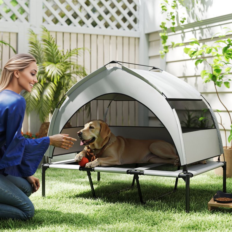PawHut Elevated Dog Bed with Removable Canopy, Portable Cooling Raised Pet Cot with Breathable Mesh, Storage Bag, for Indoor Outdoor Use, for Large Dogs, 106 x 76 x 94 cm, Light Grey