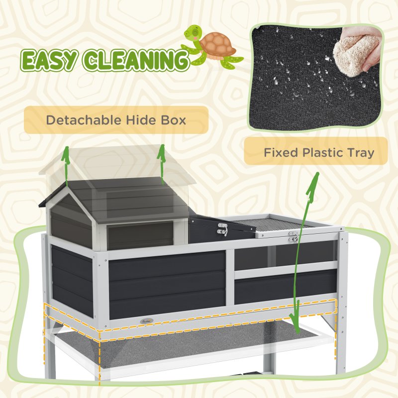 PawHut Tortoise House, 2 Layers Wooden Tortoise Enclosure with Adjustable Lamp Holder, Tortoise Table with Openable Lid, Removable Main House, Storage Shelf, Run Box, Fixed Tray - Grey