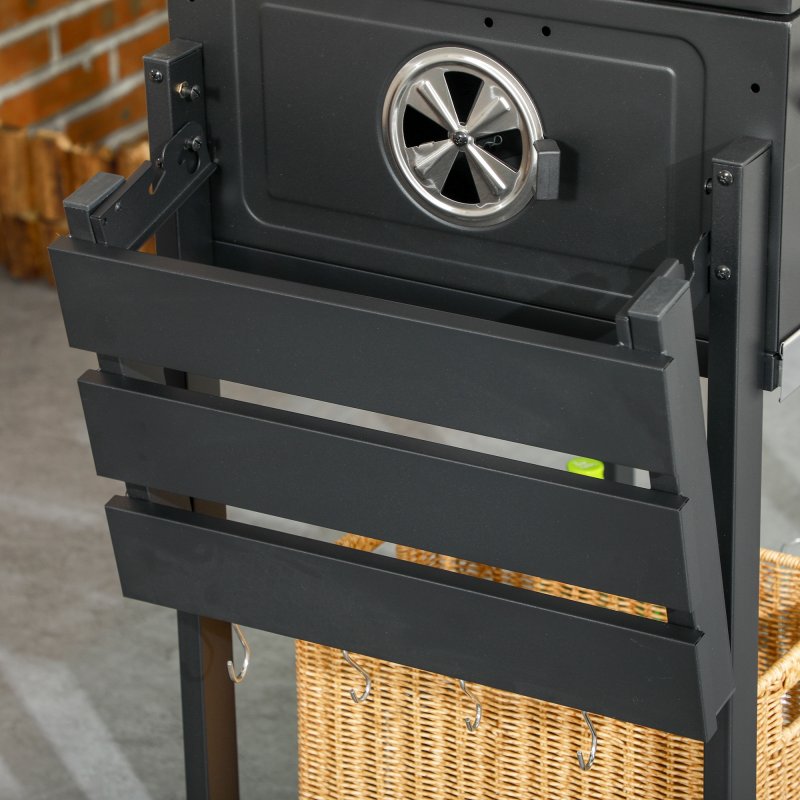 Outsunny Charcoal Barbecue Grill Trolley with Adjustable Charcoal Pan, Galvanised Steel Smoker BBQ Grill with Storage Shelves, Lid, Themometer, Bottle Opener and Wheels, Black