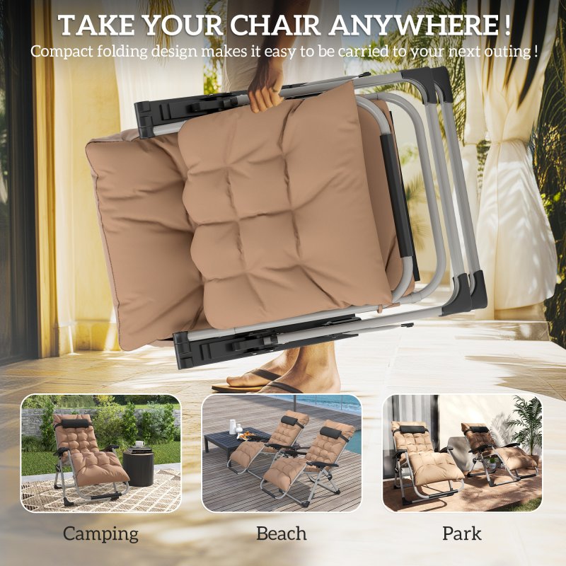 Outsunny 2 Piece Reclining Zero Gravity Chair Metal Frame Folding Garden Sun Lounger with Cushion Headrest, Khaki