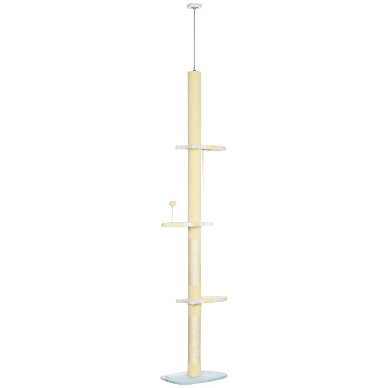 PawHut 260cm Floor to Ceiling Cat Tree, Height Adjustable Kitten Tower with Anti-slip Kit, Multi-Layer Activity Centre w/ Fish-shaped Perches Scratching Post Ball Toy - Yellow