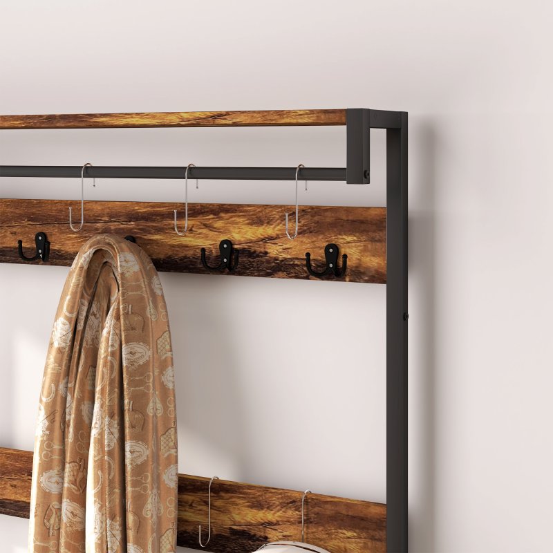 HOMCOM Coat Rack with Bench and Shoe Storage, 4-in-1 Coat Stand with 15 Coat Hooks, 2 Fabric Drawers for Hallway, Living Room, Bedroom, Rustic Brown