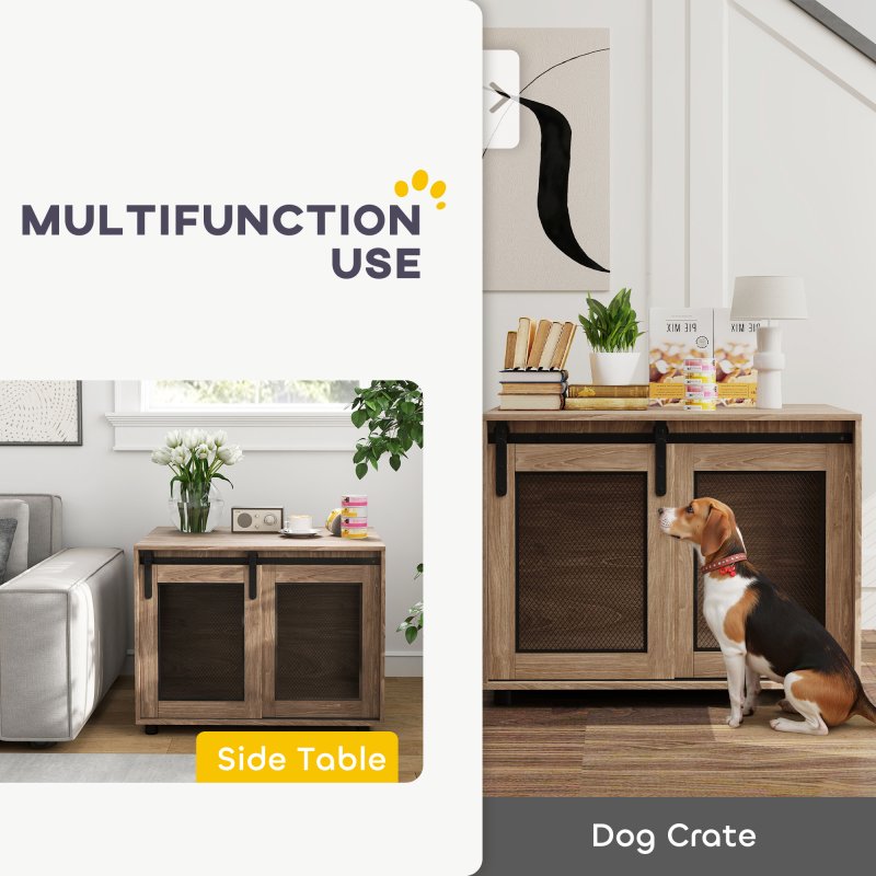 PawHut Dog Crate Furniture, Dog Cage End Table with Sliding Door, Pet Kennel for Medium Breeds, 80 x 58.5 x 63cm, Walnut Brown