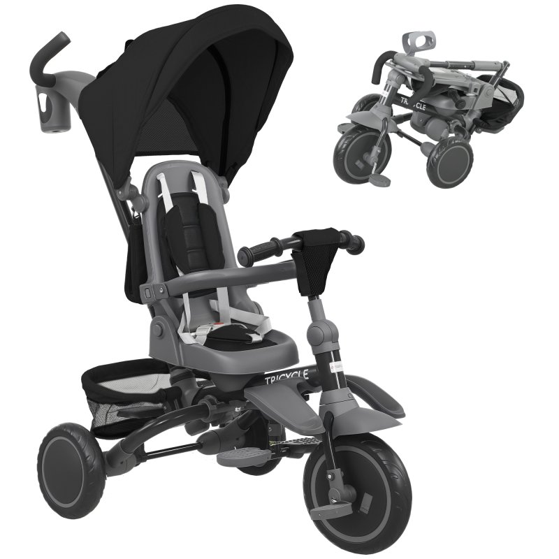 AIYAPLAY Kids Trike, 6 in 1 Toddler Tricycle with Adjustable Parent Handle & Canopy, Convertible Seat, for Ages 1-5 Years, Foldable Baby Trike with Safety Harness, Storage Basket & Bag, Black