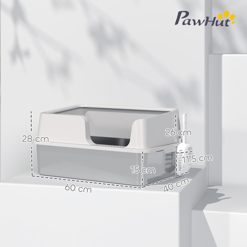 PawHut Stainless Steel Litter Box, High Sided Metal Cat Litter Tray with Detachable Rim, Scoop, Easy Cleaning, Odour-Resistant, 60 x 40 x 28 cm