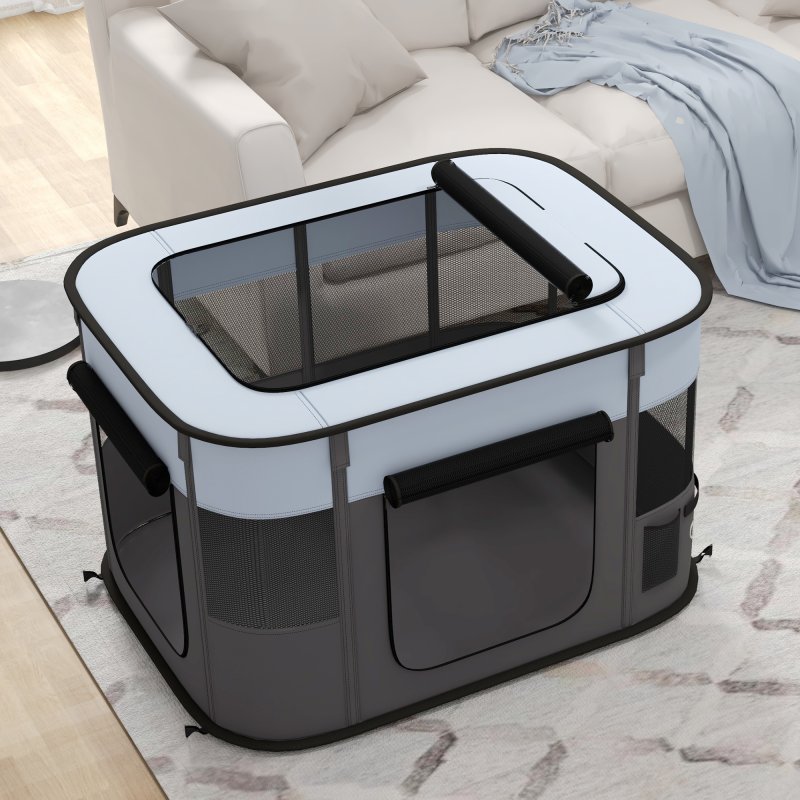 PawHut Dog Pen, Pet Playpen, Portable Foldable Dog Cat Playpen Soft Pet Cage with Storage Bag for Puppies, Rabbits, Kittens, Guinea Pigs, 94 x 74 x 60cm - Grey
