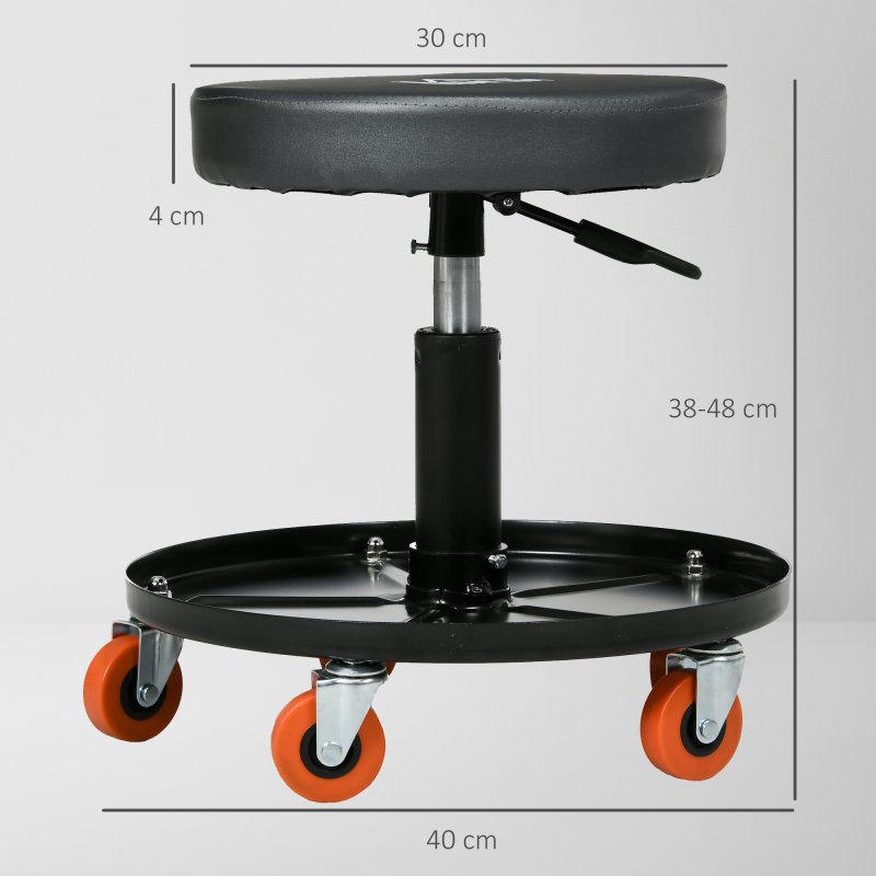 HOMCOM Workshop Stool, Rolling Mechanic Stool with Pneumatic Adjustable Height, 360 Degree Swivel, Padded Seat, Tool Tray, for Garage, Workshop, Auto Repair