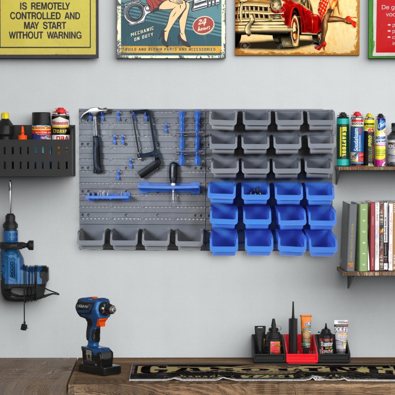DURHAND 44 Pcs On-Wall Garage DIY Storage Unit with 28 Cubes 10 Hooks 2 Boards Screws Organisation Pegboard Tool Equipment Blue