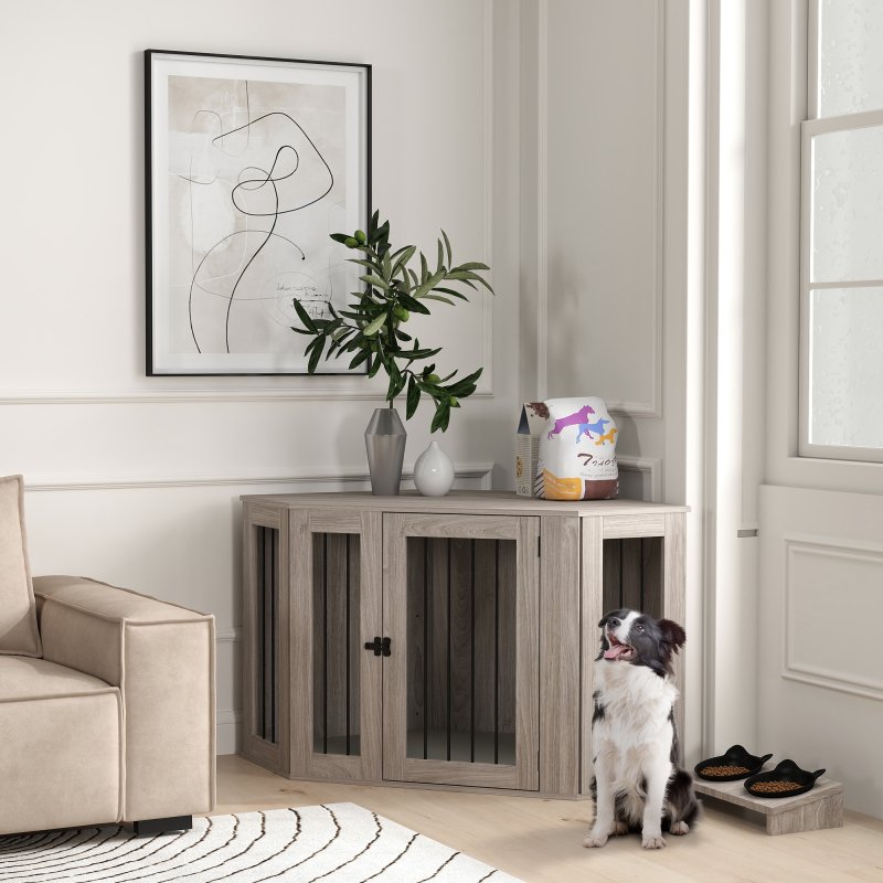 PawHut Dog Crate Furniture, Side Table Dog Kennel with Cushion, Large Door, for Large Dogs - Walnut Brown