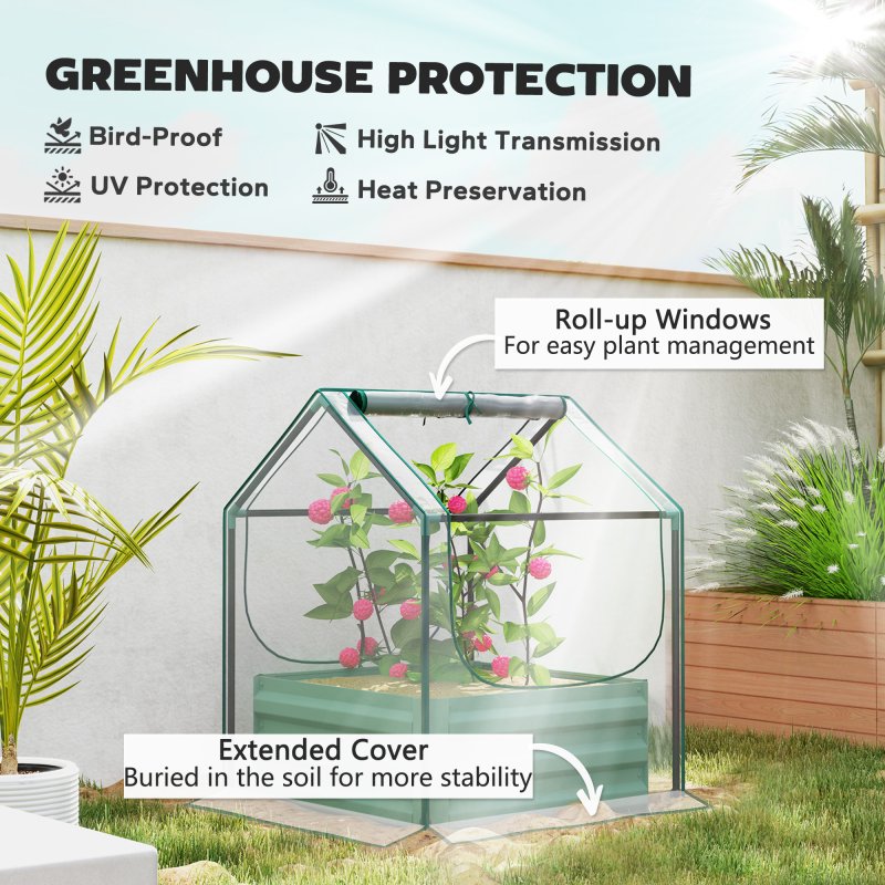 Outsunny Raised Garden Bed with Mini Greenhouse, Outdoor Metal Planter Box with Cover, for Herbs and Vegetables, Use for Patio, Garden, Balcony, Clear and Green
