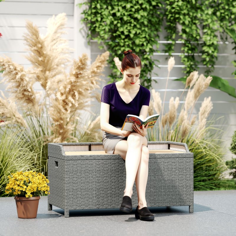 Outsunny PE Rattan Outdoor Storage Bench, Aluminium Garden Bench with Storage Underneath w/ Zipped Inner Lining, Rods for Deck, Grey