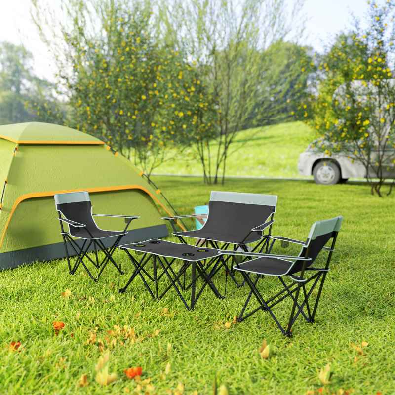Outsunny 4 Piece Foldable Camping Table and Chairs Set, Portable Picnic Table with 3 Chairs, Cup Holders and Carrying Bag, Outdoor Lightweight Table Set for BBQ, Picnic, Parties, Grey