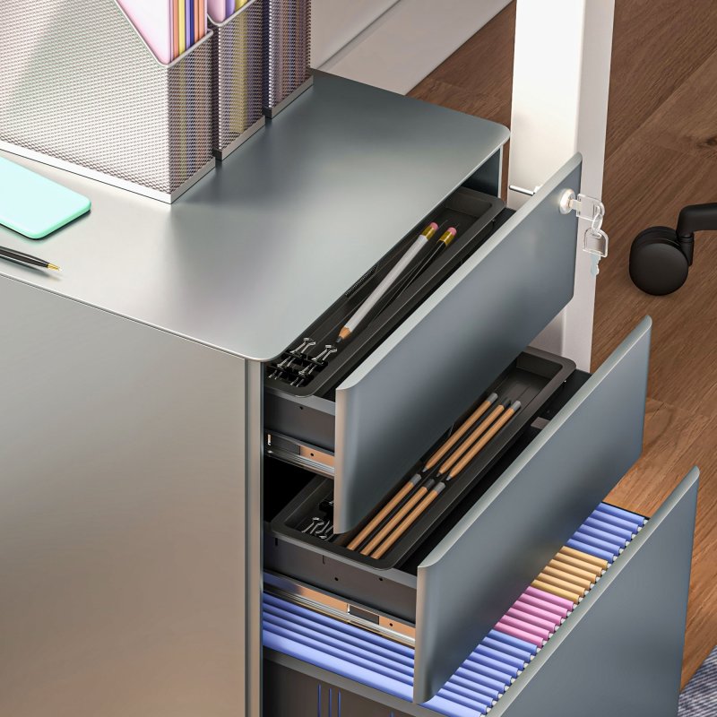 Vinsetto 3-Drawer Mobile Filing Cabinet, Steel Lockable File Cabinet for A4, Legal, Letter, Compact Under Desk Storage Unit with Pre-Assembled Body Except Wheels for Home Office, 39 x 48 x 59cm, Grey
