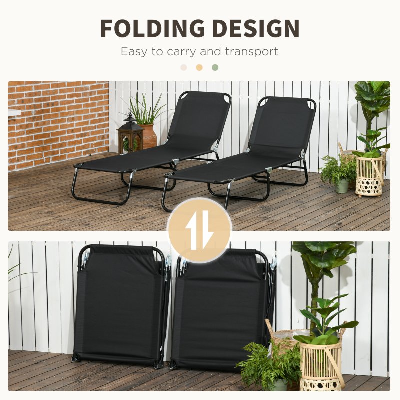 Outsunny Folding Sun Loungers Set of 2, Outdoor Day Bed with 5-Position Adjustable Backrest, Portable Recliner Garden Chairs with Breathable Mesh for Beach, Patio, Black
