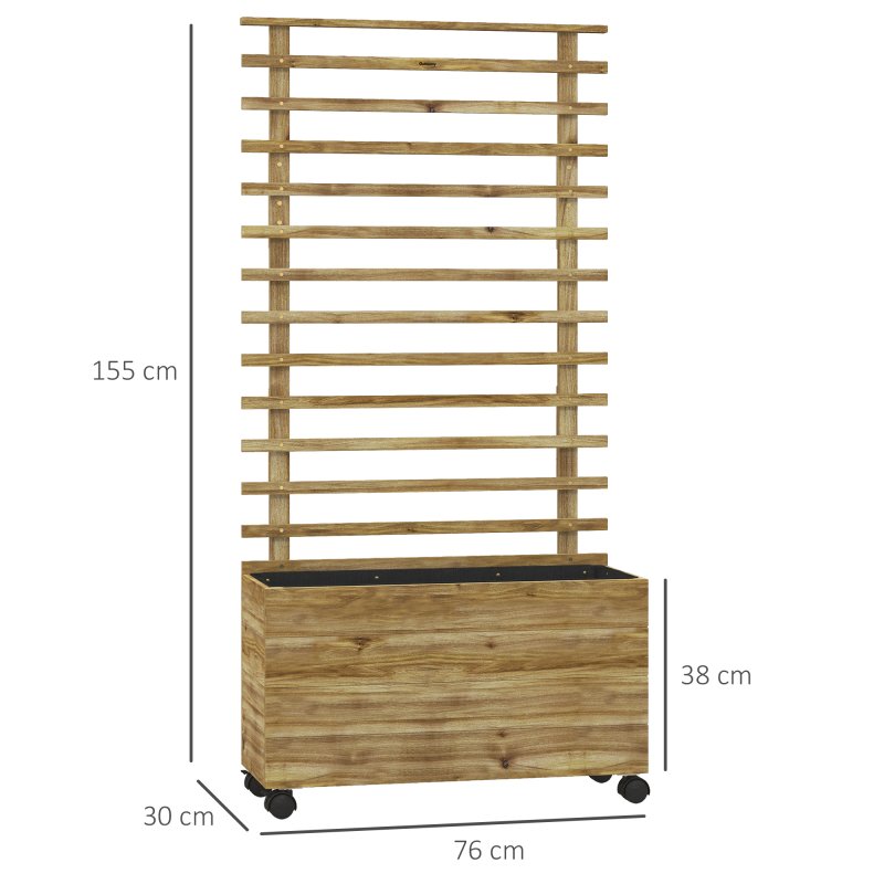 Outsunny Outdoor Wooden Planters with Trellis Free Standing Flower Raised Beds for Garden with 4 Wheels for Climbing Plants, 76 x 30 x 155cm, Natural