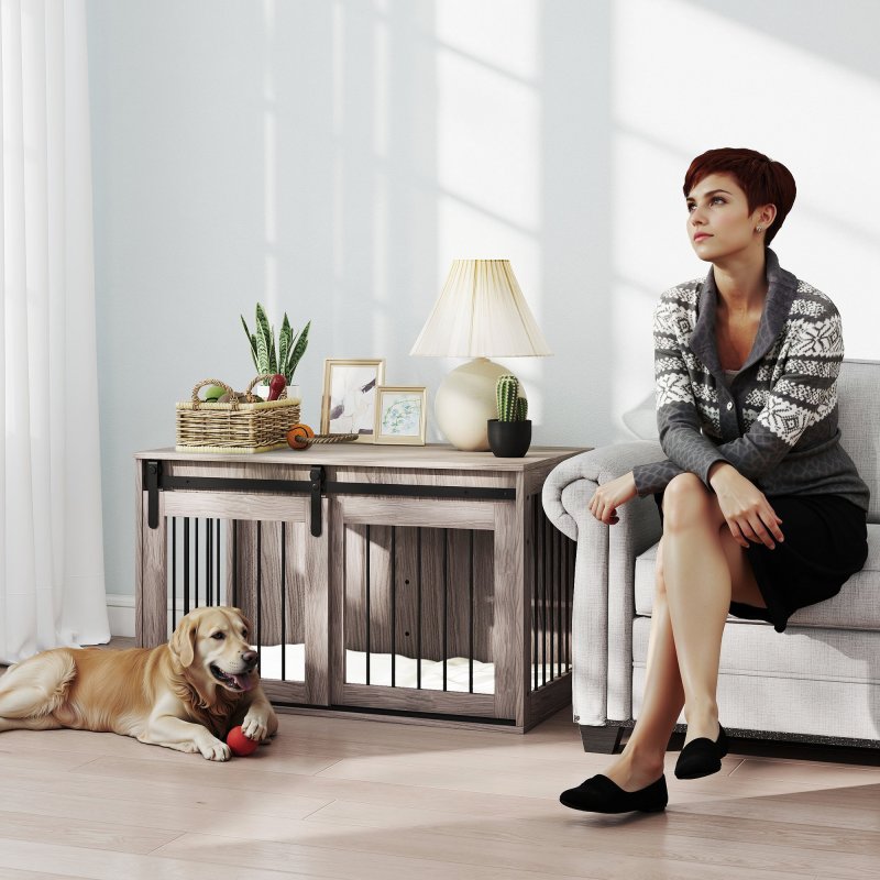 PawHut Dog Crate Furniture, Dog House Furniture Style for Large Breeds, Pet Kennel with Removable Cushion for Indoor Use, 98 x 58 x 61cm, Brown