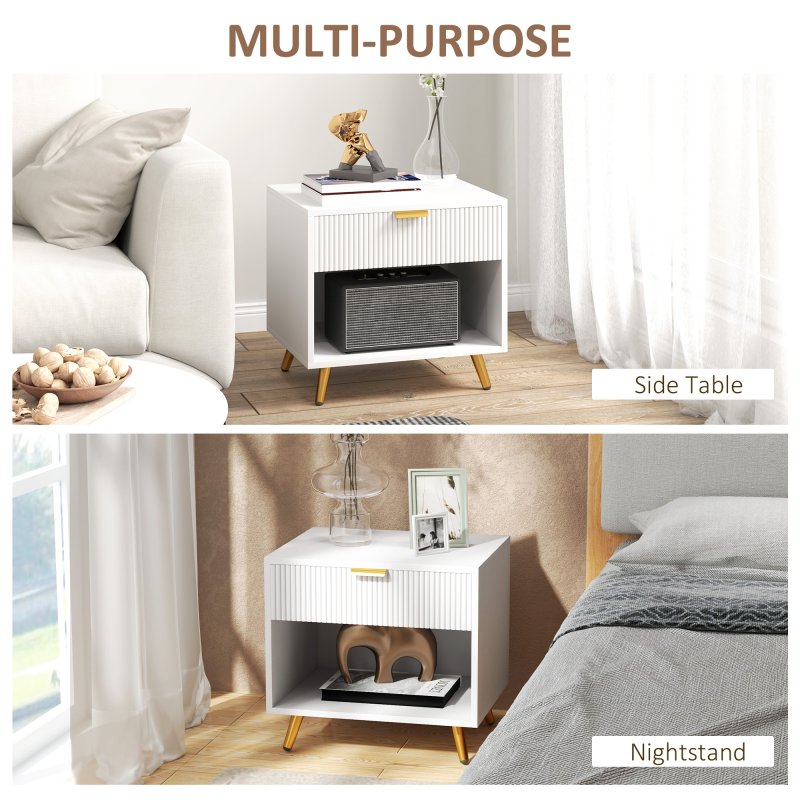 HOMCOM Bedside Table, Bedside Cabinet With Drawer and Open Compartment, Nightstand With Handle for Bedroom, Living Room, White