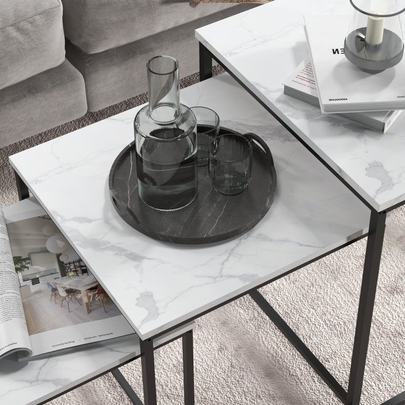 HOMCOM Nesting Tables Set of 3, Side End Table with Faux Marble Effect Top and Steel Legs for Living Room, Bedroom, White