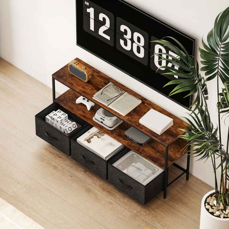 HOMCOM TV Stand Cabinet up to 55-inch, TV Unit with 3 Foldable Linen Drawers, Open Shelf for Living Room, Bedroom, Entertainment Room, Rustic Brown