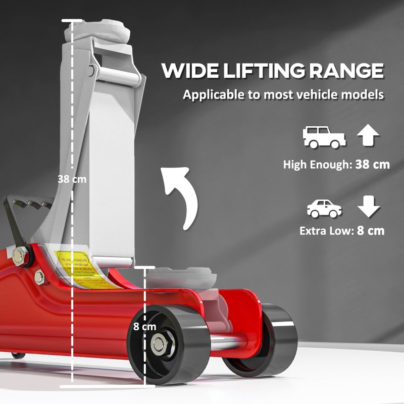 HOMCOM Hydraulic Low Profile Jack, Heavy Duty Steel Racing Car Jack Kit, Floor Jack with 2.5 Ton Capacity, 8-38cm Lifting Range, Red