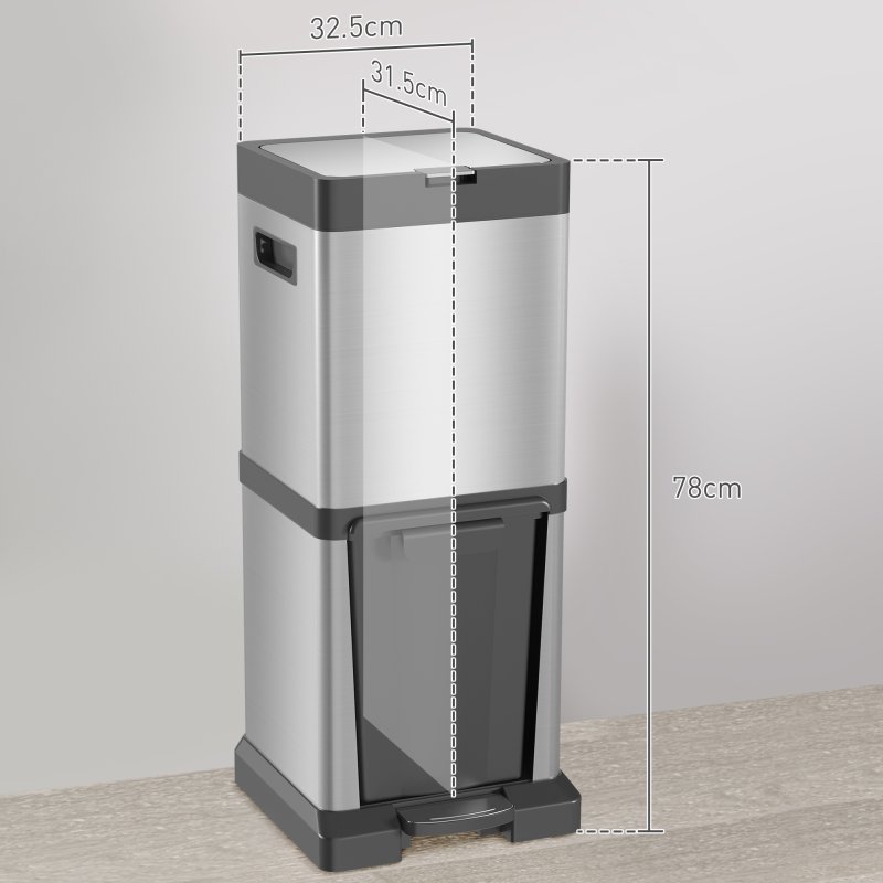 HOMCOM Dual Kitchen Bin, 20+14L Double Bin for Recycling and Waste, Stainless Steel Vertical Pedal Bin with Tilt Out Bin, Soft-Close Lid, Removable Inner Buckets and Handles, Silver