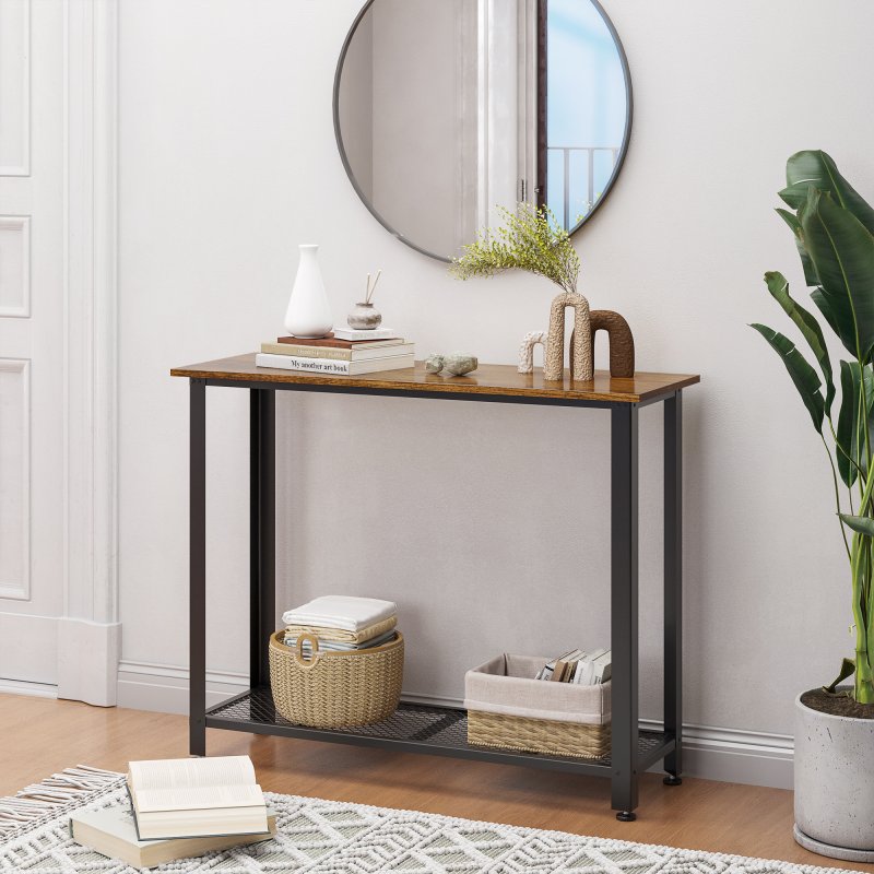 HOMCOM Industrial Console Table Entryway Table w/Bottom Mesh Shelf Metal Frame Vintage Sofa Table for Hallway, Living Room, Rustic Brown