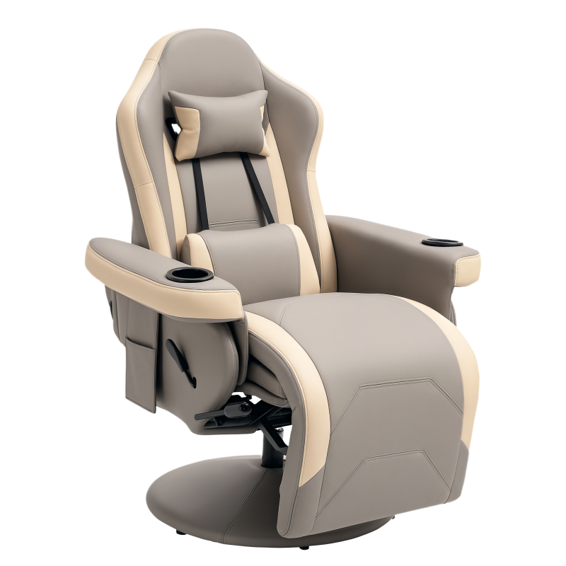 HOMCOM Reclining Gaming Chair, 360° Swivel Racing Video Gaming Manual Recliner with Footrest, Headrest and Cup Holder, PU Leather Armchair with Storage Pocket, Grey