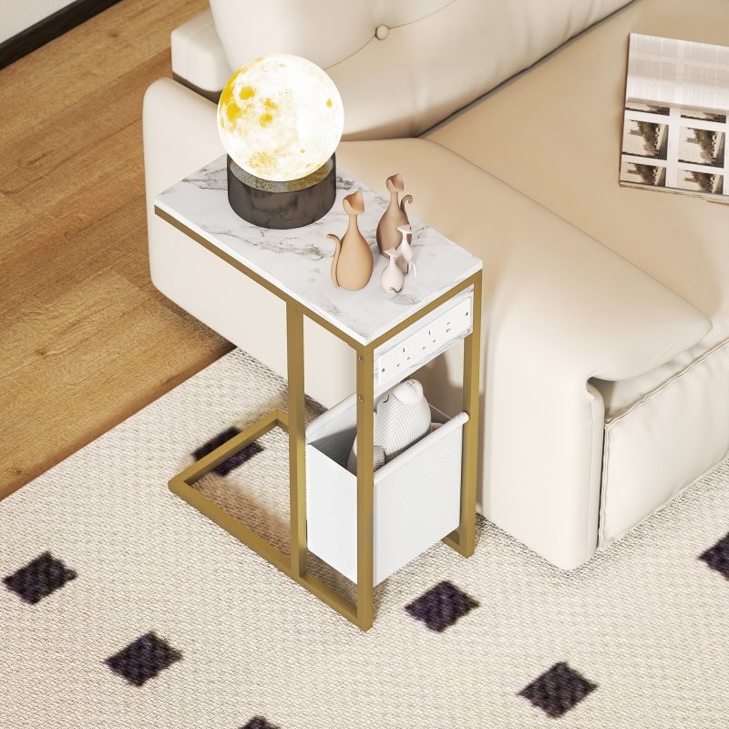 HOMCOM C Shaped Side Table with Storage and Charging Station, Faux Marble Narrow Bedside Table with Fabric Storage Bag and Steel Frame for Living Room, Bedroom, White