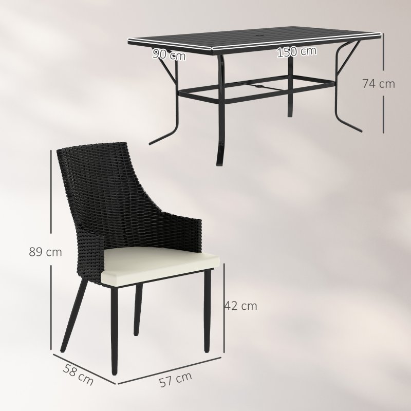 Outsunny 6 Seater Rattan Dining Set with Cushions, Garden Furniture Set with Armchairs, Rectangle Slatted Table Top, Steel Frame, Parasol Hole, Wicker Outdoor Furniture for Patio, Balcony, Cream White