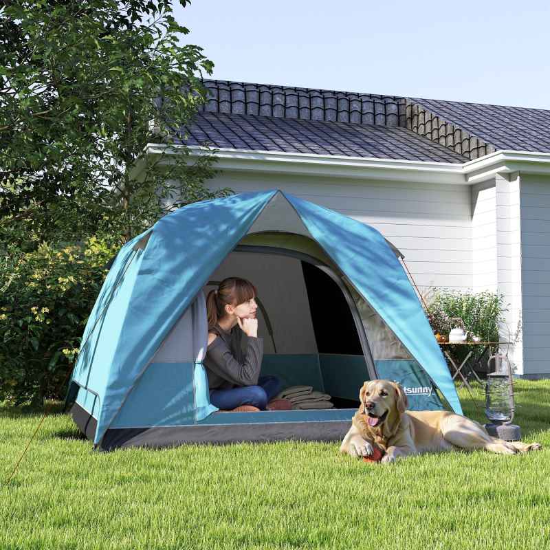 Outsunny 3-4 Person Camping Tent, Easy Set Up Waterproof Dome Tent with Sewn-in Groundsheet, Mesh Windows, Pocket and Hook for Camping, Hiking, Backpacking, Navy Blue and Light Blue