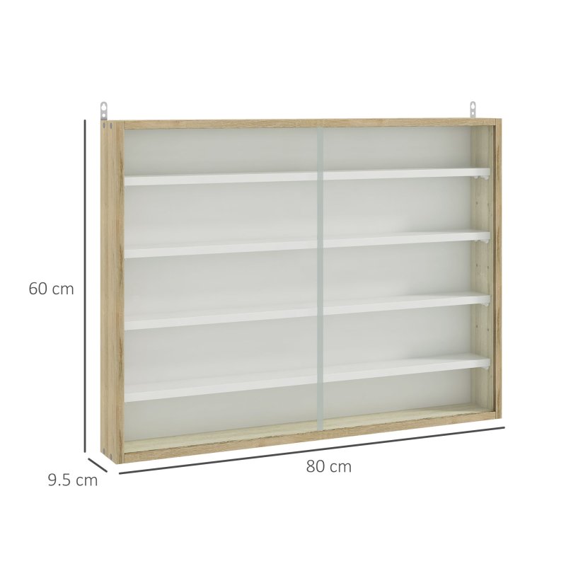 HOMCOM 5-Tier Wall Mounted Display Cabinet, Display Case with 4 Adjustable Shelves, Glass Doors for Home Office Ornaments 60x80cm, Natural