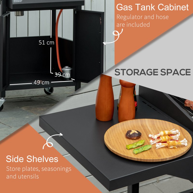 Outsunny 3 Burner Gas BBQ, Outdoor Grill, Portable Barbecue Trolley with Warming Rack, Side Shelves, Storage Cabinet, Thermometer, Carbon Steel, Black