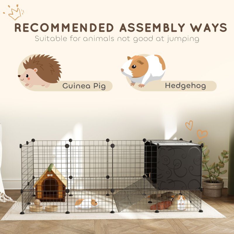 PawHut Rabbit Run, Pet Playpen, Small Animal Cage Enclosure, C&C Cage with Elevated Huts, 31 Panels, for Guinea Pigs, Hedgehogs, for Indoor Use