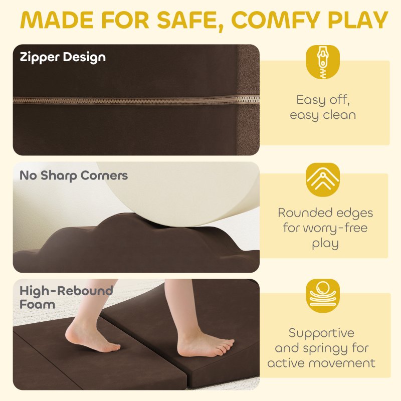 AIYAPLAY Kids Soft Play Set, 7 Piece Foam Climbing Blocks with Detachable Cover, Baby Indoor Climb and Crawl Foam Play Set for Toddlers, Preschoolers, Brown