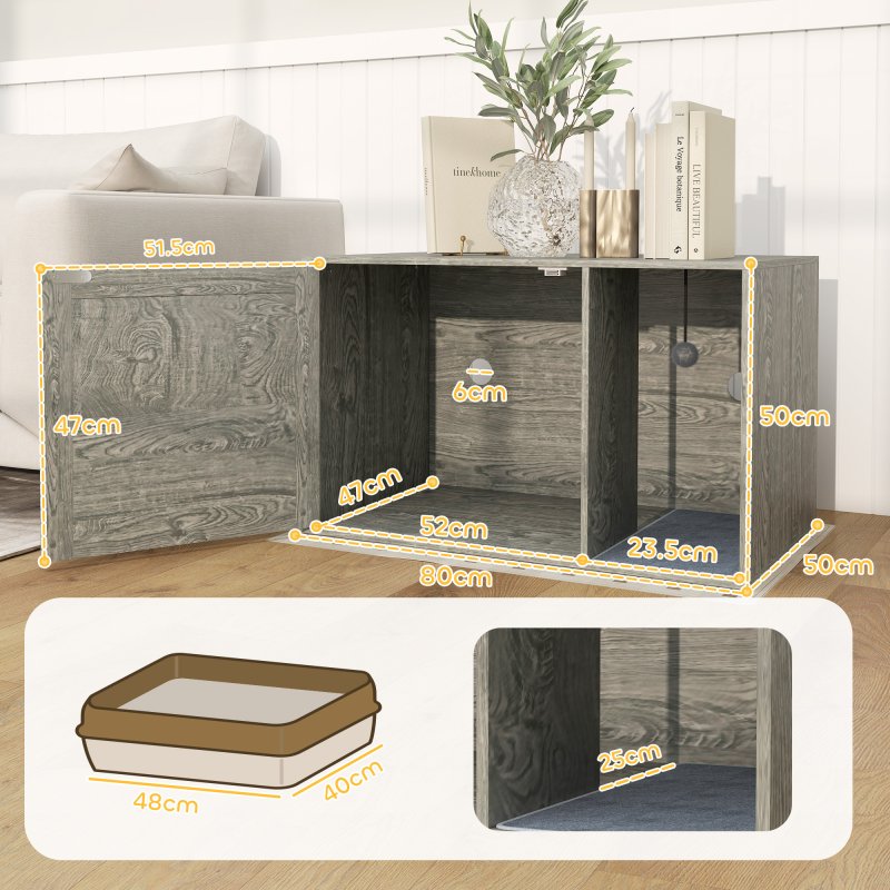 PawHut Cat Litter Box Enclosure with Rattan Door, Boho Style Hiddern Litter Box Furniture, Cat House End Side Table with Scratching Mat, Toy Ball, Non-slip Foot Pads, 80 x 50 x 50cm, Grey