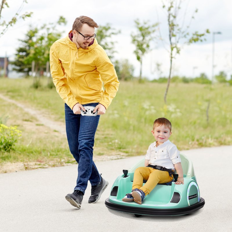 AIYAPLAY Kids Bumper Car, 360 Rotation 12V Waltz Car, Battery Powered Ride-On Toy with Remote Control, Dual Joystick, Music, USB, LED Lights, Horn, for Ages 1.5-5 Years, Green